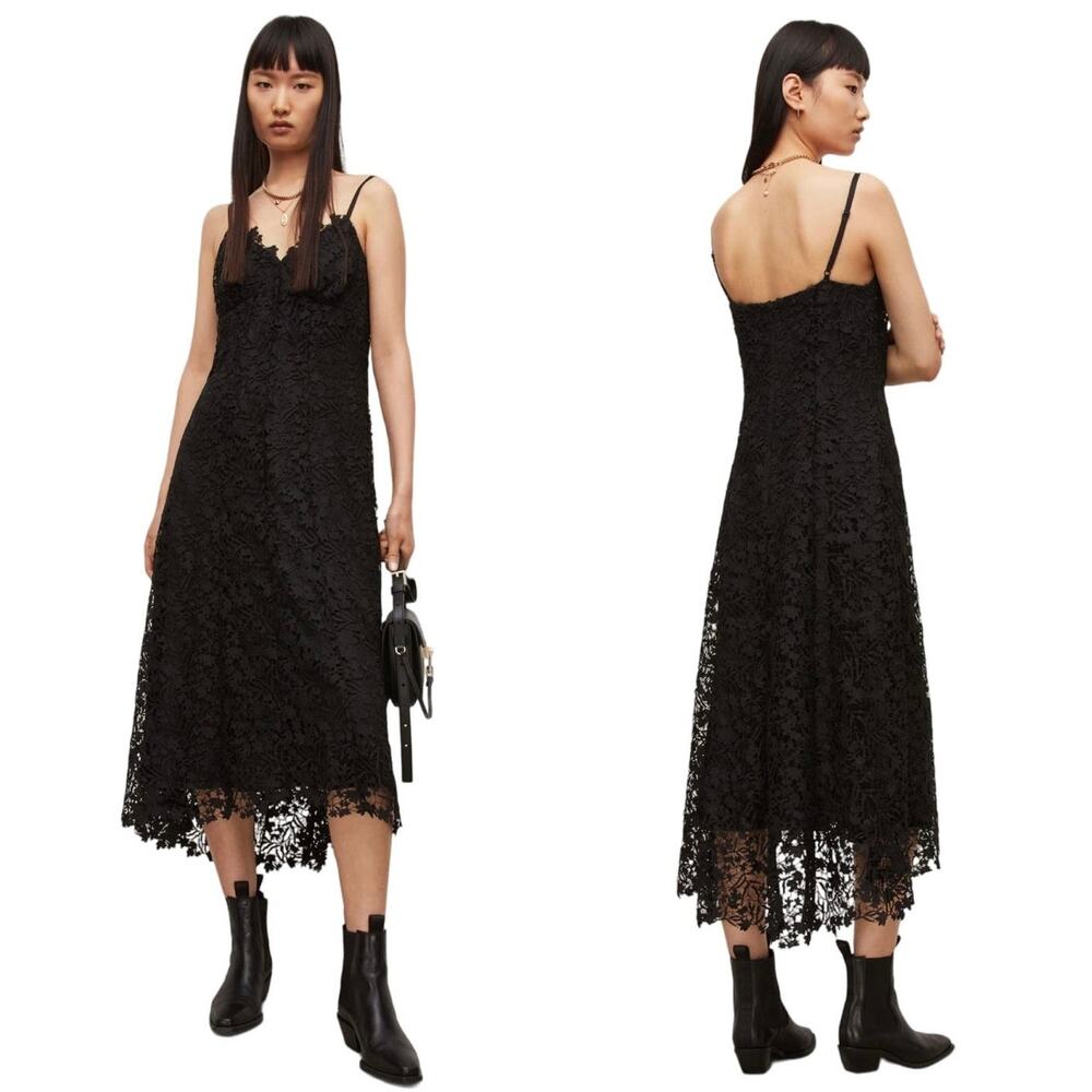 All Saints Black Lace Midi Dress